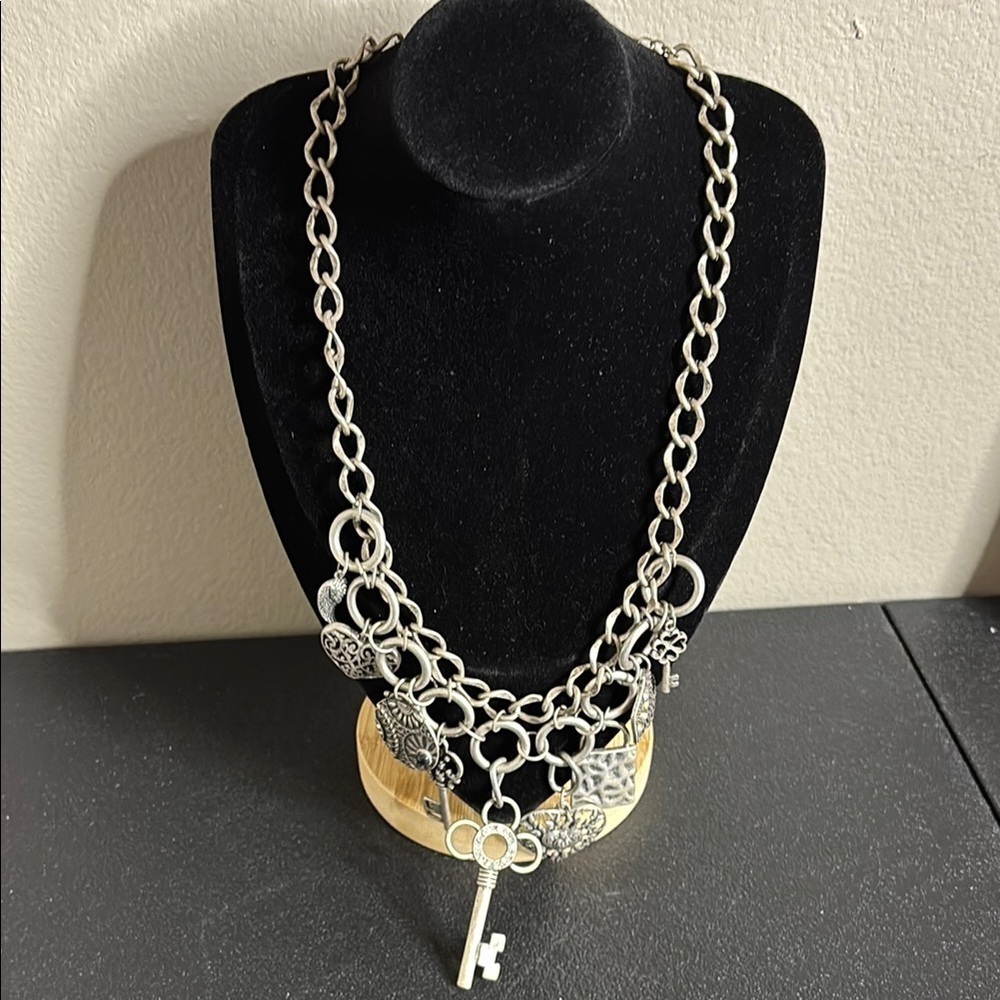 Charm Silver Tone Statement Key Heart Dangle Chain Necklace Rhinestone